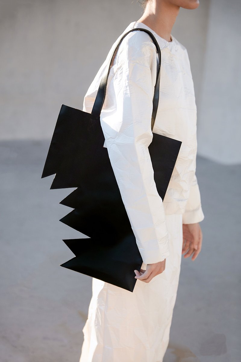 【FAKEROOM】Zigzag Shaped Tote Bag Shoulder Bag Side Bag Artistic Style (Black) - Handbags & Totes - Polyester Black