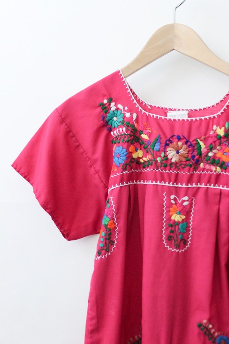 [] US Air RE0706MD031 pink bottom Mexican embroidery vintage dress - One Piece Dresses - Cotton & Hemp Pink