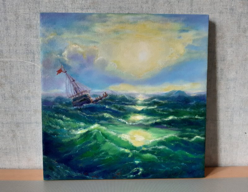 Sea, reproduction Aivasovsky, oil painting, canvas - ตกแต่งผนัง - โลหะ สีเขียว