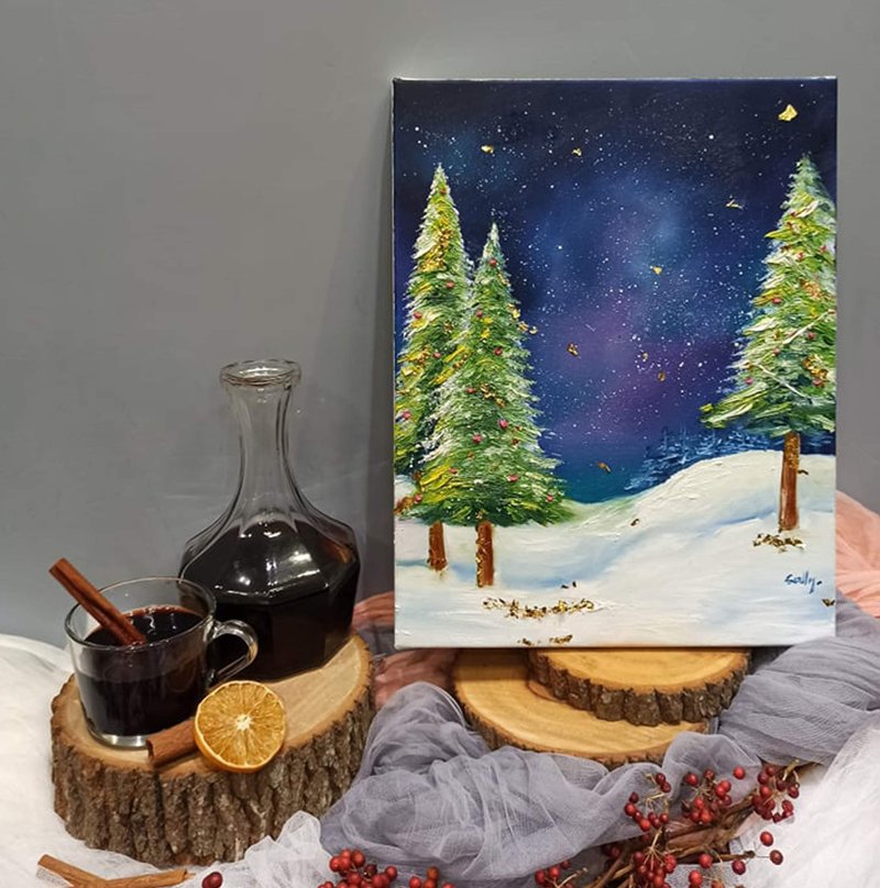 Christmas Tipsy Oil Painting Class Gold Foil Christmas Tree - Illustration, Painting & Calligraphy - Cotton & Hemp 