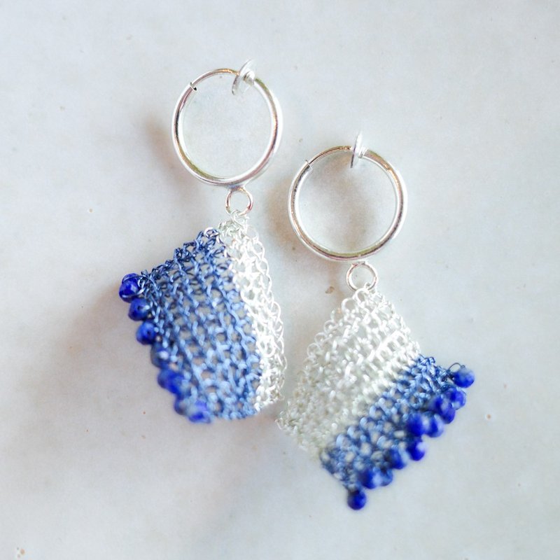 Natural stone and bicolor wire square blue x Silver Clip-On - Earrings & Clip-ons - Other Metals Blue