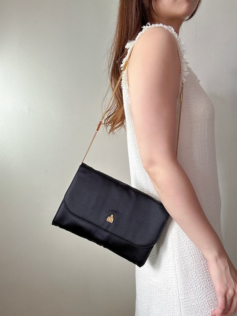 中古稀有 Lanvin 浪梵 緞面絲質 晚宴包 手拿包 側背包 鏈包 - 側背包/斜背包 - 絲．絹 黑色