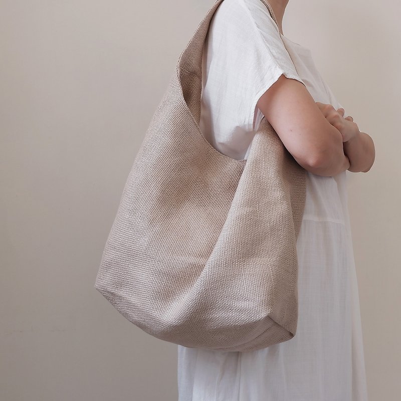 Linen shoulder bag - กระเป๋าถือ - ผ้าฝ้าย/ผ้าลินิน สีกากี