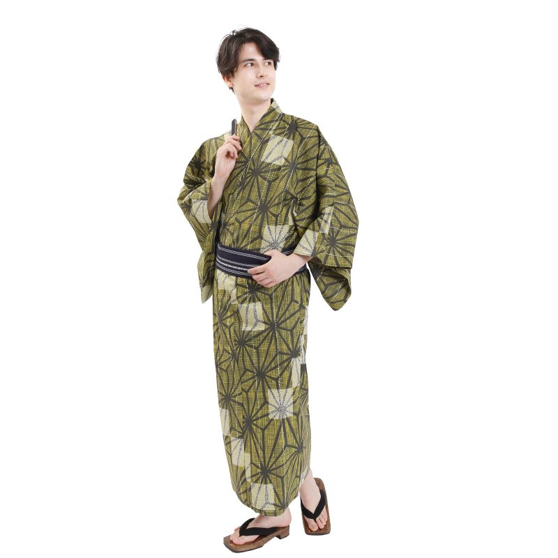 Men's cotton yukata and obi 2-piece set SML size Z32-05C yukata - Other - Cotton & Hemp Blue