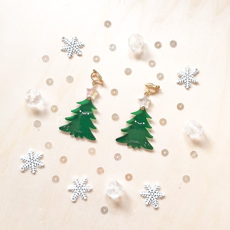 Smile Christmas Tree / Earrings Ear Hook Ear Clips - Earrings & Clip-ons - Acrylic Green