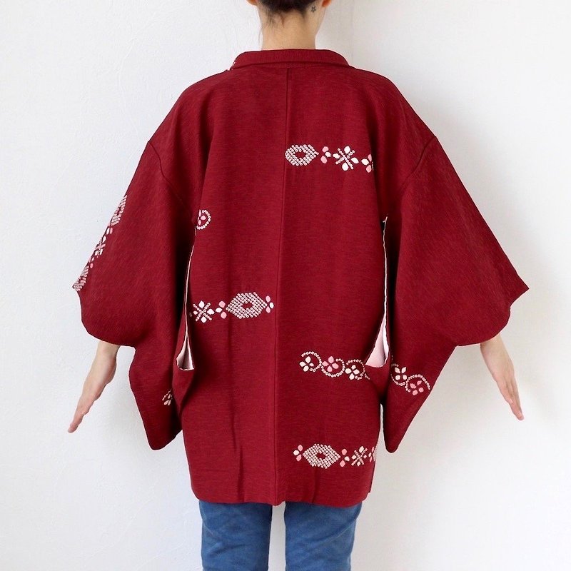 flower SHIBORI kimono, Japanese fashion, haori, silk kimono, silk kimono /3643 - 外套/大衣 - 絲．絹 紅色