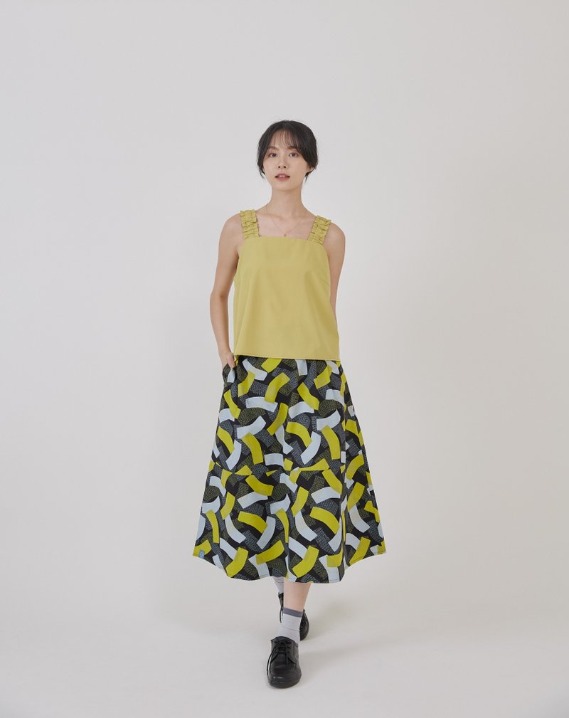 Let’s have a plate of patchwork pleated skirt-Blue Eggplant - Skirts - Cotton & Hemp Blue