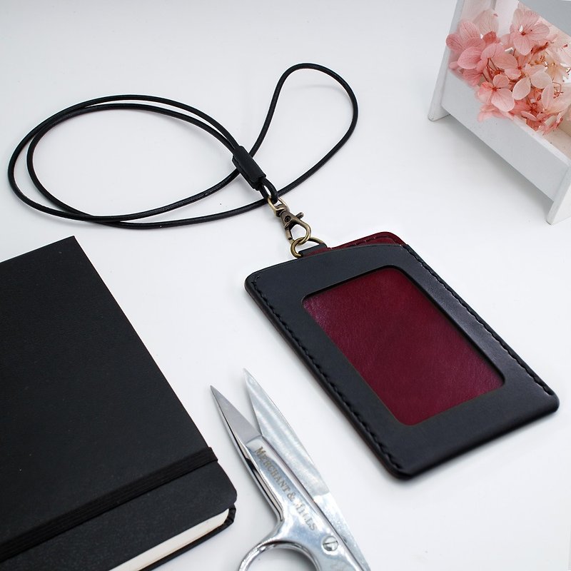 RENEW-Black + wine red vegetable tanned leather hand-made hand-stitched ID holder, card holder - ID & Badge Holders - Genuine Leather Red