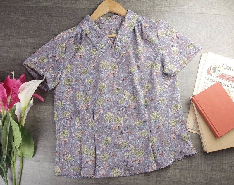 中號 | 復古可愛襯衫 | 女裝復古風| 女式上衣 | 復古衣服 - 女襯衫 - 其他材質 紫色