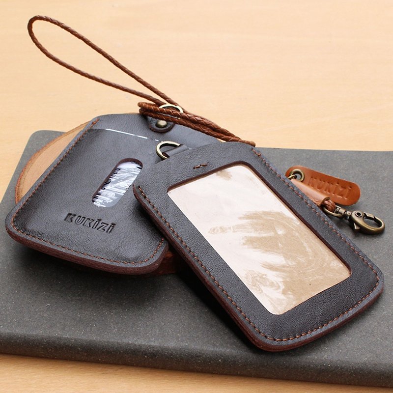 ID case/ Key card case/ Card case - ID 1 -- Dark Brown+Tan Lanyard (Cow Leather) - ID & Badge Holders - Genuine Leather 