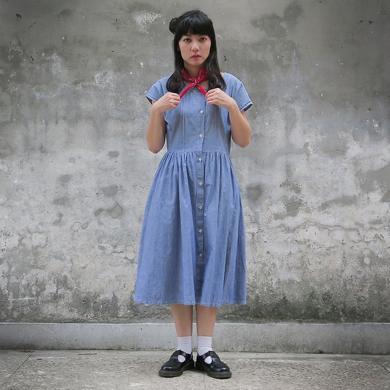 Vintage Japanese department short-sleeved denim dress - One Piece Dresses - Cotton & Hemp 