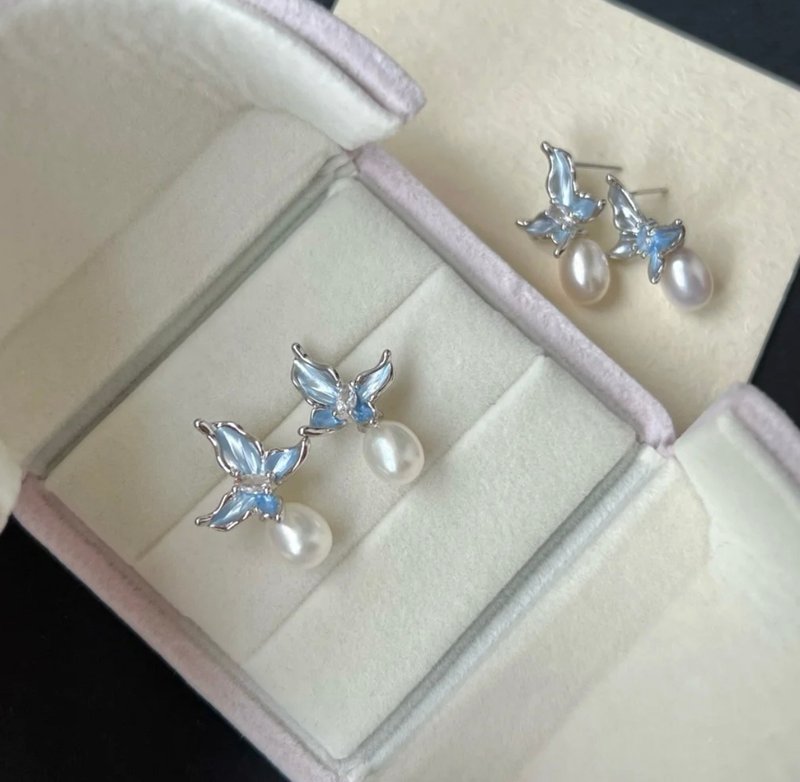 YuanPearl natural aurora pearl butterfly fairy earrings commuter versatile blue earrings - ต่างหู - ไข่มุก ขาว