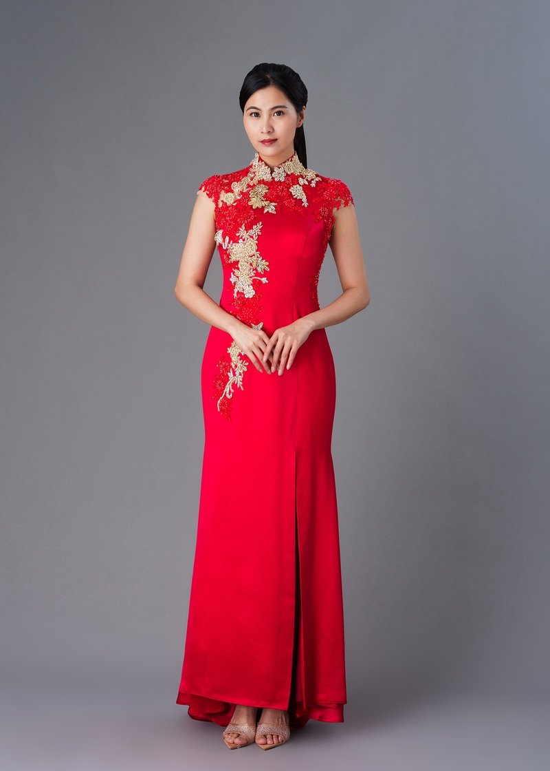 Queen of the Meadow 小鳳仙袖斜襟微魚尾新娘旗袍 |香港設計 - 洋裝/連身裙 - 其他人造纖維 紅色