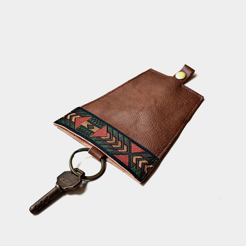 [Remains of Mayan Civilization] Vegetable tanned cowhide key case brown leather folk custom geometric totem - Keychains - Genuine Leather Brown