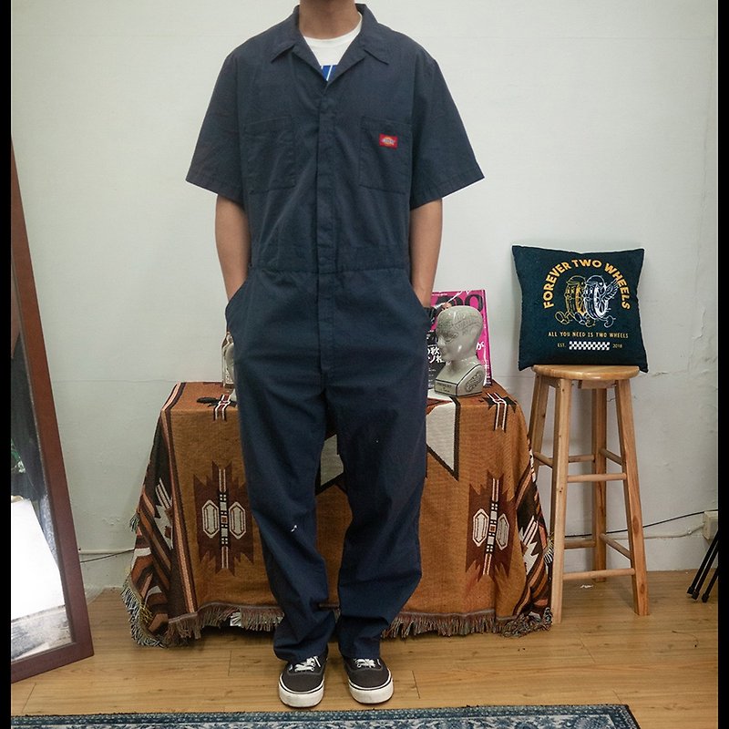 DICKIES washed dark blue short-sleeved overalls COVERALLS vintage second-hand - Men's Pants - Cotton & Hemp Blue