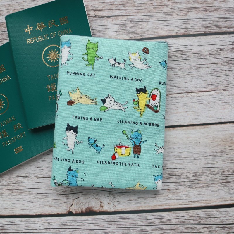 [Cat] Passport holder, passport cover, passport bag - ที่เก็บพาสปอร์ต - ผ้าฝ้าย/ผ้าลินิน สีน้ำเงิน