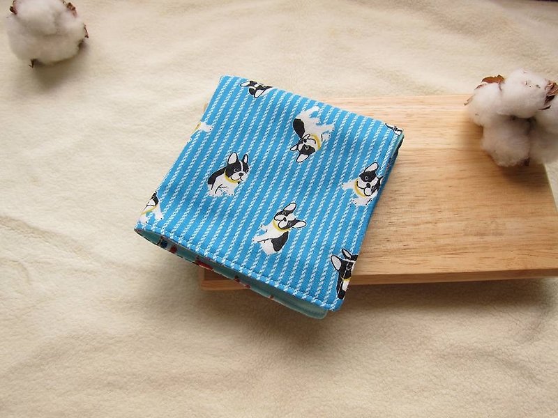 日本の綿ガーゼハンカチ - ライン+かわいいブルドッグ（青線二重糸） - スタイ - コットン・麻 ホワイト