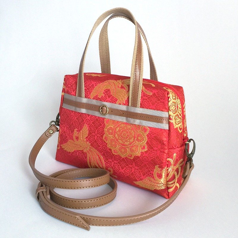 Shoulder bag with Japanese Traditional pattern, Kimono - 2WAY - Brocade - Messenger Bags & Sling Bags - Genuine Leather Red