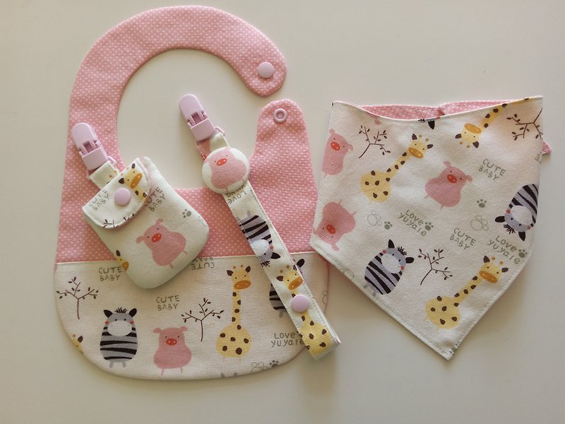 Pink cloth bibs zoo births gift scarf + + + pacifier clip safe Fukubukuro - ผ้ากันเปื้อน - ผ้าฝ้าย/ผ้าลินิน สึชมพู
