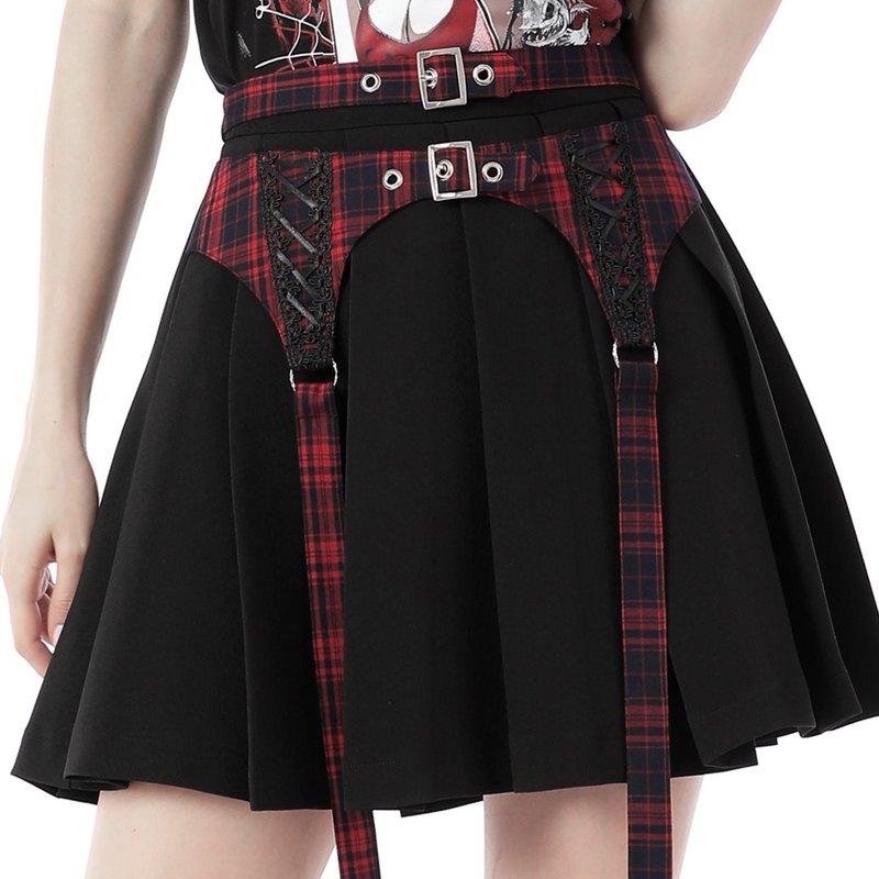 ダブルウエストベルト レースリボンデザイン スコットランドチェック柄 万能プリーツミニスカート y2k パンクロック KW239 - スカート - ポリエステル 