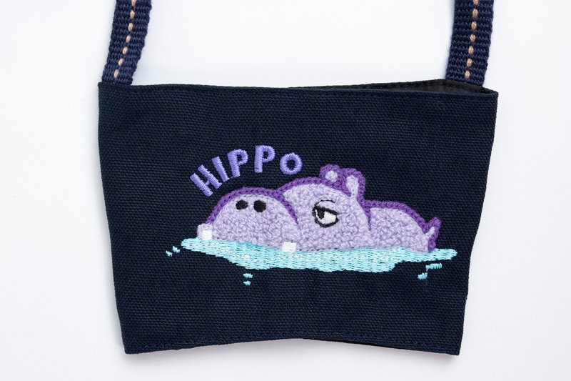 杯套【動物系列】可愛動物 河馬 凸毛 立體刺繡 杯套 環保提袋 - 飲料提袋/杯套 - 棉．麻 藍色