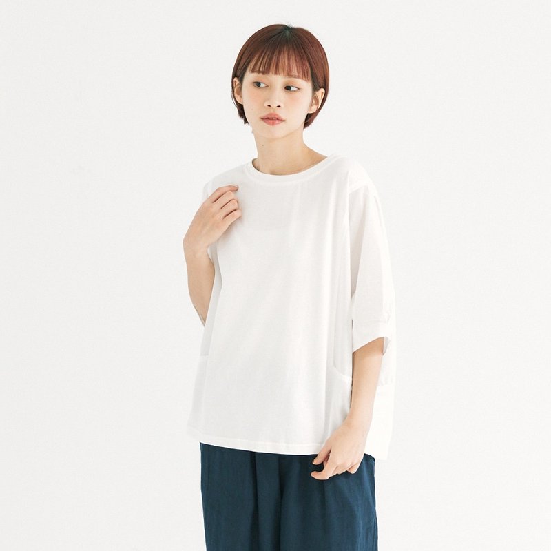 【Simply Yours】拼接寬鬆蝙蝠T 白F - 女 T 恤 - 棉．麻 白色