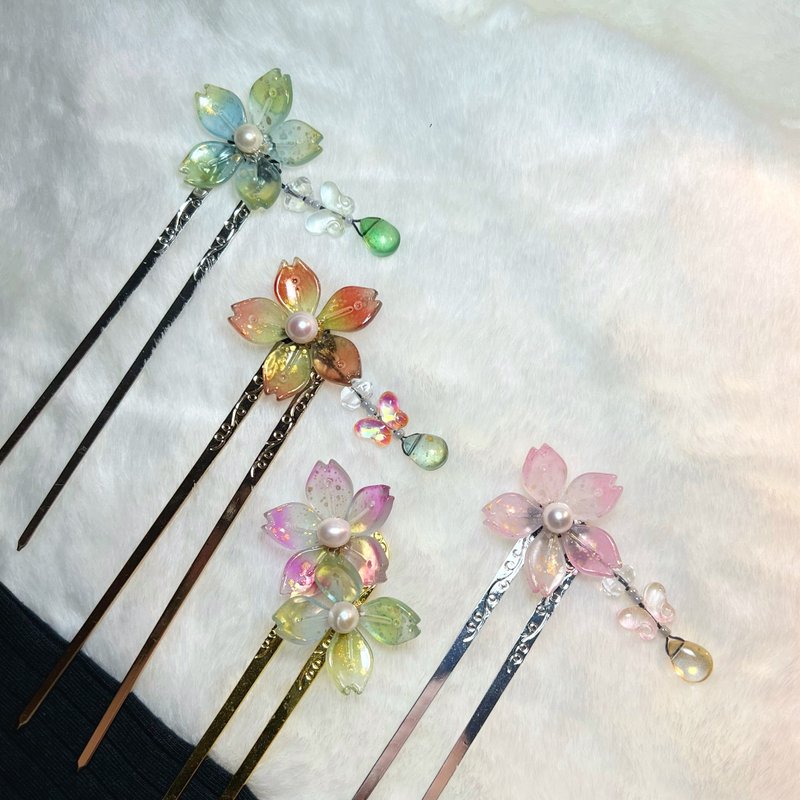 透青、楓紅、艷紫、金粉櫻花珍珠髮簪 ‧ 一物一圖 ‧ - 髮夾/髮圈 - 珍珠 多色
