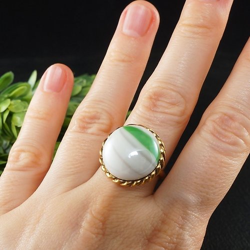 AGATIX White Green Glass Adjustable Ring Boho Round Gold Unisex Free Size Ring Jewelry