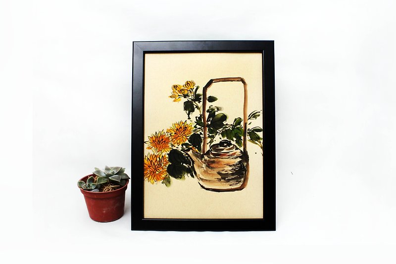 手描きのティーポットのオレンジ色の花中国絵画の装飾品（額縁付き） - ポスター・絵 - 紙 ゴールド