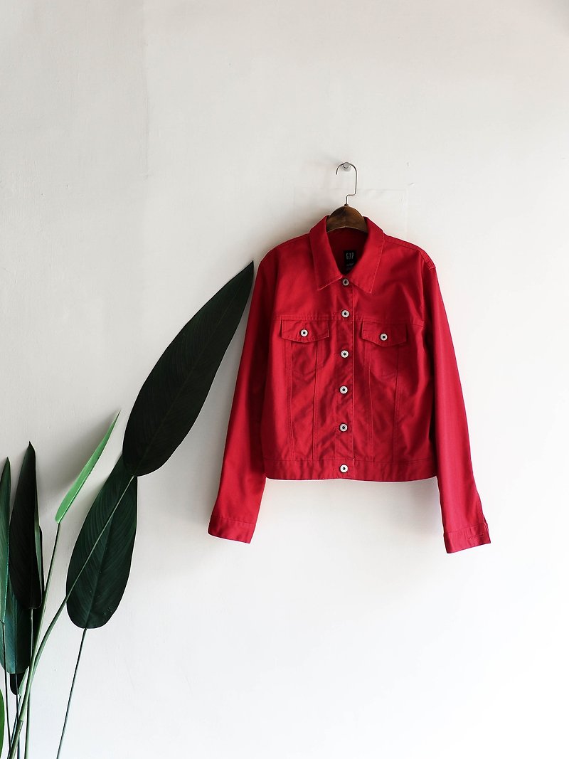 GAP Yamaguchi Flames Red Youth Love Handmade Antique Cotton Denim Shirt Tops Oversize - เสื้อแจ็คเก็ต - ผ้าฝ้าย/ผ้าลินิน สีแดง