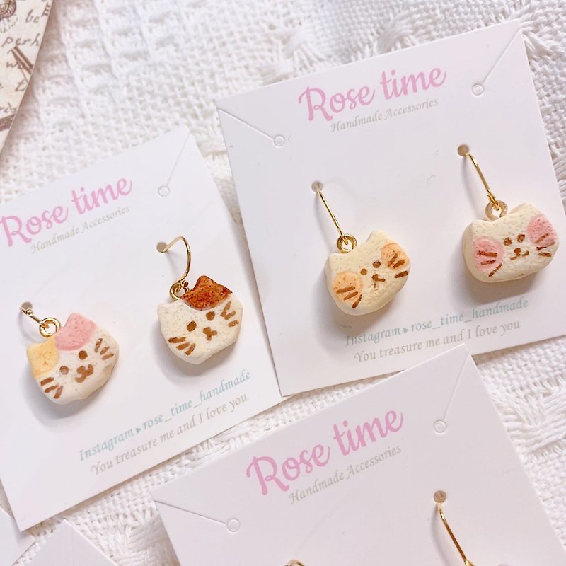 Hand-painted cat milk candy No. 2 cat head earrings Cute cute style-matte/frosted/matte - ต่างหู - ดินเหนียว สีทอง