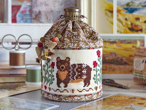 LittleRoomInTheAttic Handmade Round box, pouch, purse with cross stitched Bear