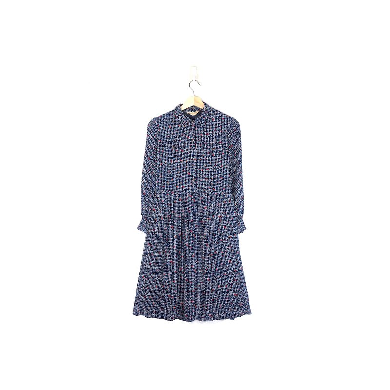 [Eggs] triangle fireworks plant vintage print vintage pleated dress - One Piece Dresses - Other Materials Blue
