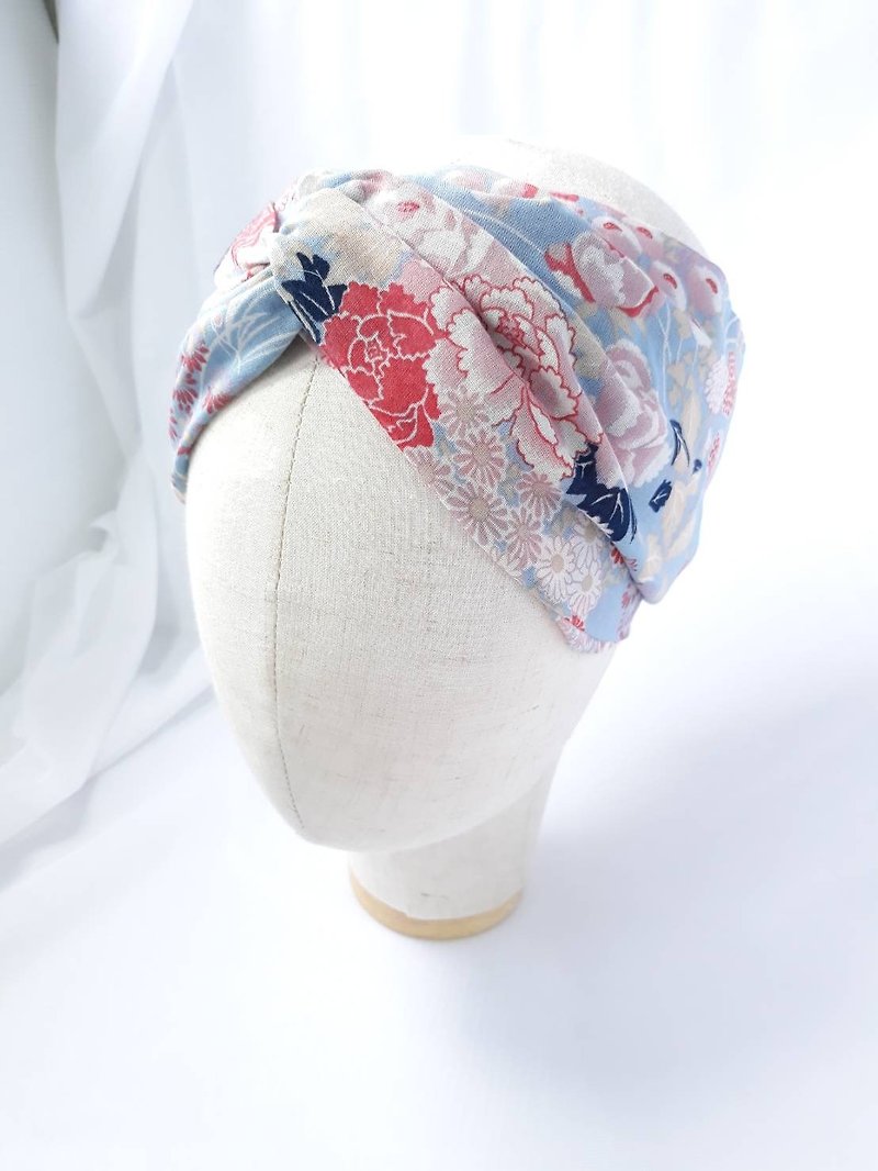 Lake blue and wind peony pattern scarf scarf type manual wide hair band - Headbands - Cotton & Hemp Blue