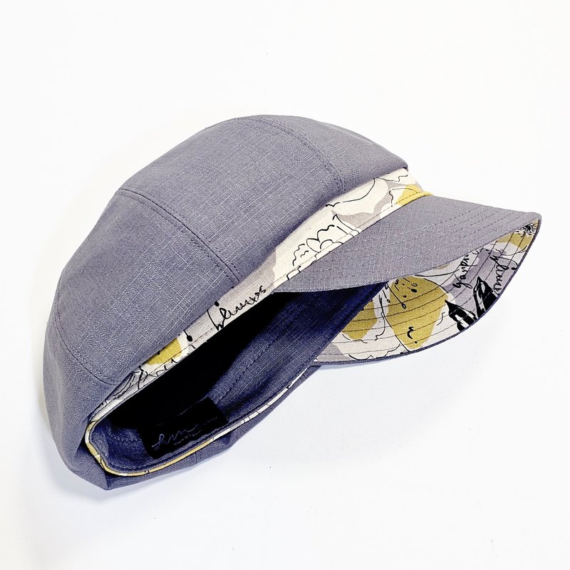 【HiGh MaLi】日系拼布/寬帽沿/報童帽/灰色拼黃花#日本布#遮陽 - 帽子 - 棉．麻 灰色