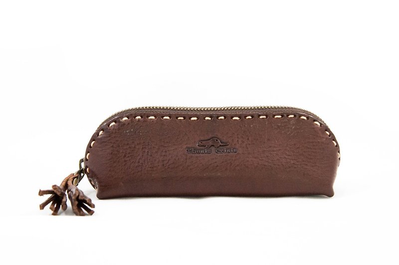 LEATHER PENCIL AND GLASSES CASE - DARK BROWN. - Pencil Cases - Paper Brown
