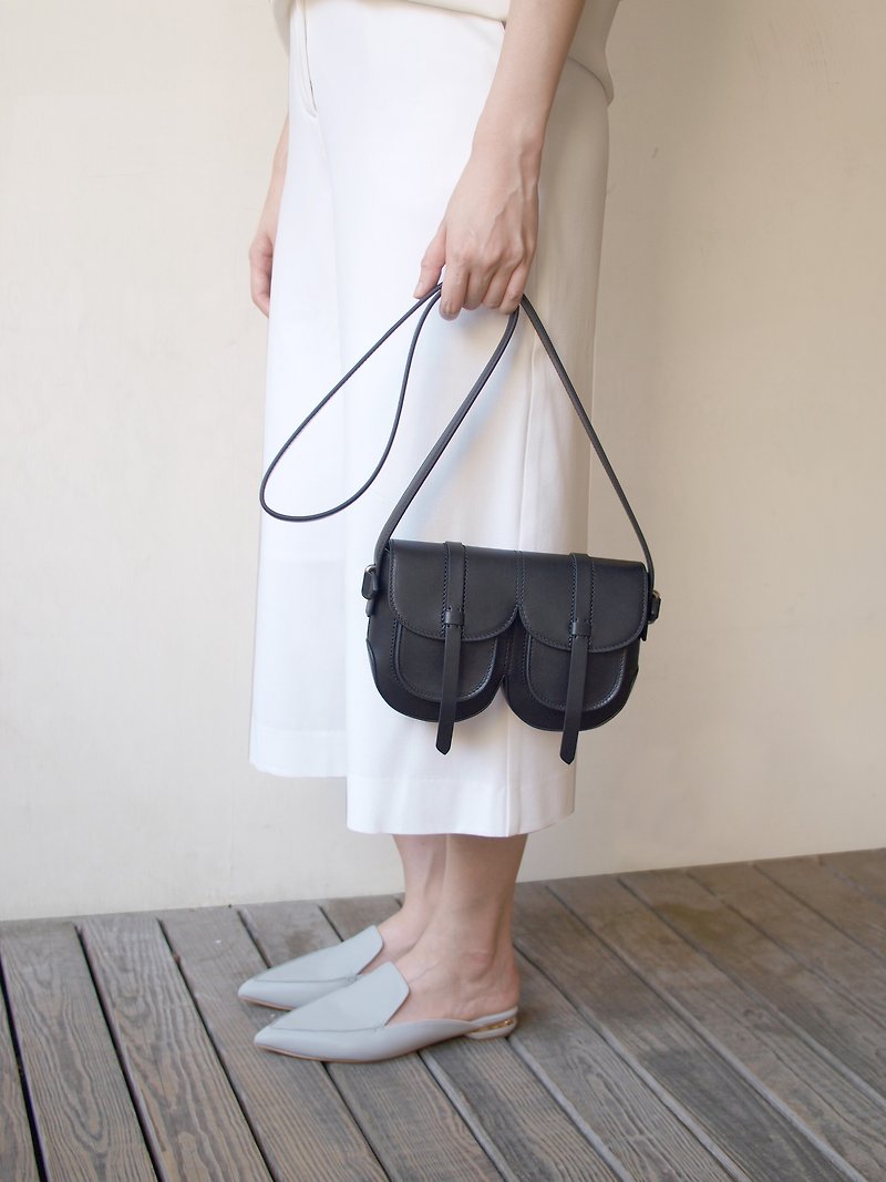 Double Mini Eraser Beltpack/ Shoulder Bag - Messenger Bags & Sling Bags - Genuine Leather Black