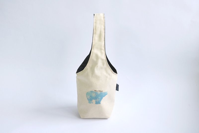 MaryWil雙面環保杯套飲料提袋-雪花北極熊 內裡改為水藍色 - 飲料提袋/杯袋/杯套 - 棉．麻 白色