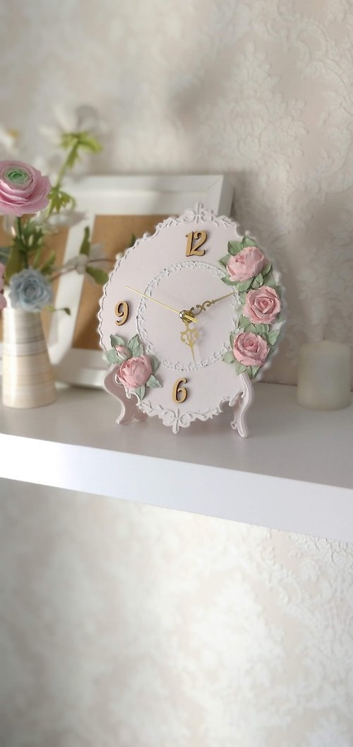 YourFloralDreams Small pink table clock with pink roses in vintage style Silent wall clock