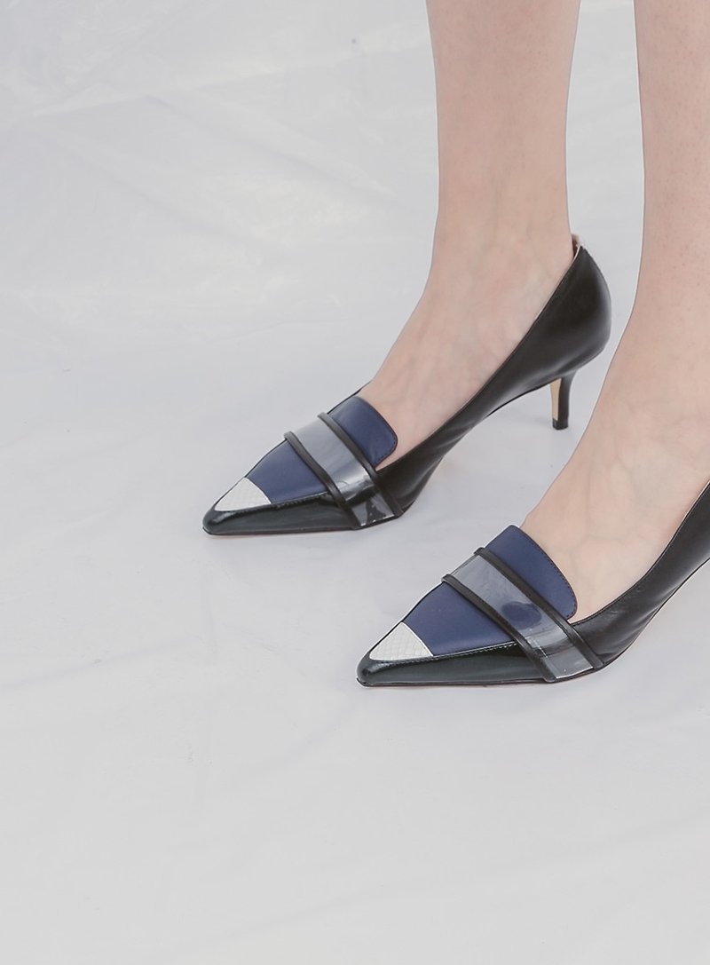 Geometric color stitching pointed leather low heel shoes black blue - High Heels - Genuine Leather Black