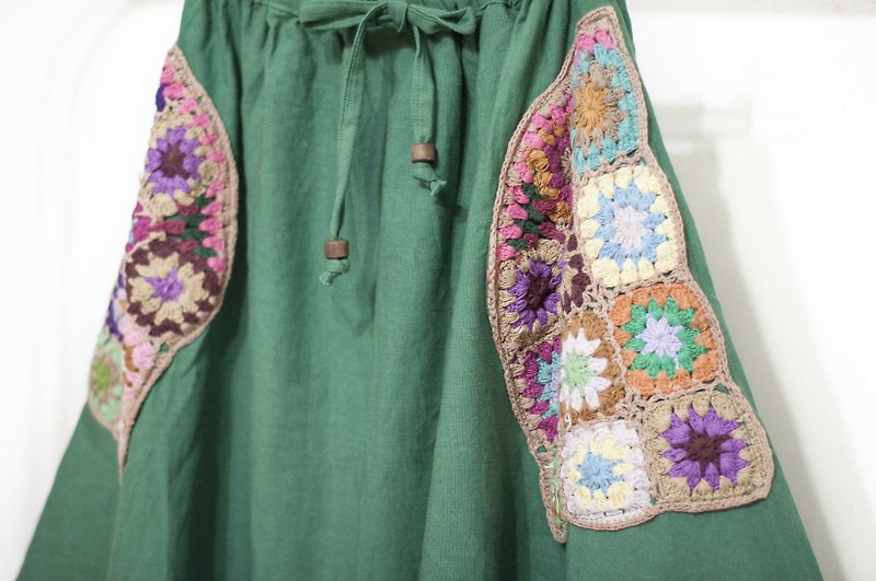 Crochet woven pocket dress / ethnic skirt / flower cotton skirt / plant dyed skirt - rainbow flower wind - Skirts - Cotton & Hemp Green