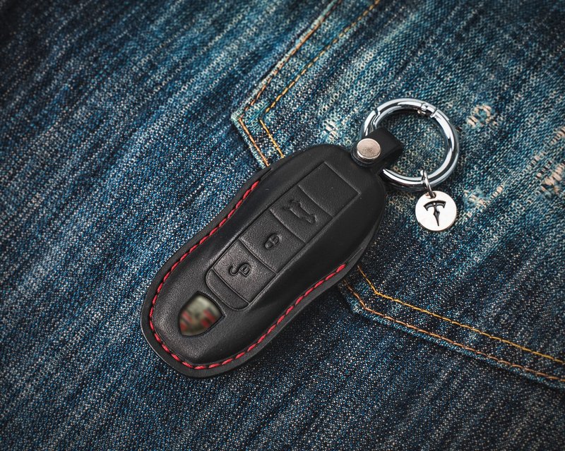 【客製版】保時捷 PORSCHE 991 911 718 Macan Taycan 汽車鑰匙包 - 鑰匙圈/鑰匙包 - 真皮 黑色