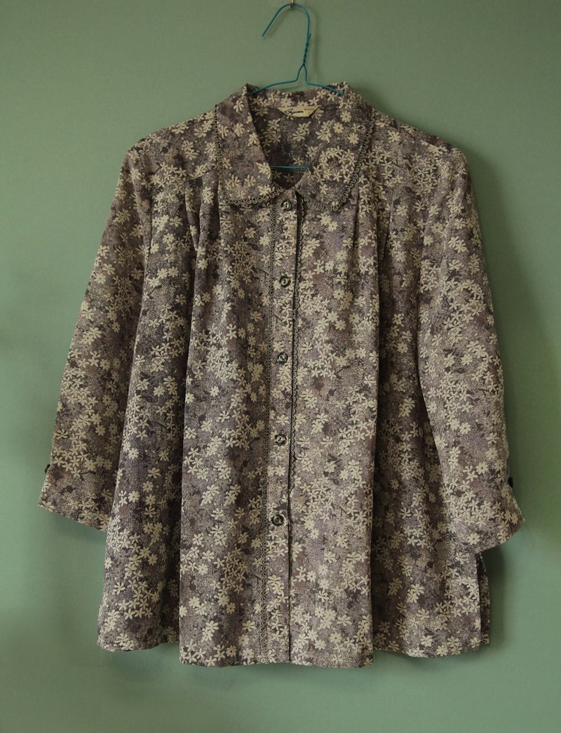 vintage grey tone floral vintage shirt 041 - Women's Shirts - Polyester Gray