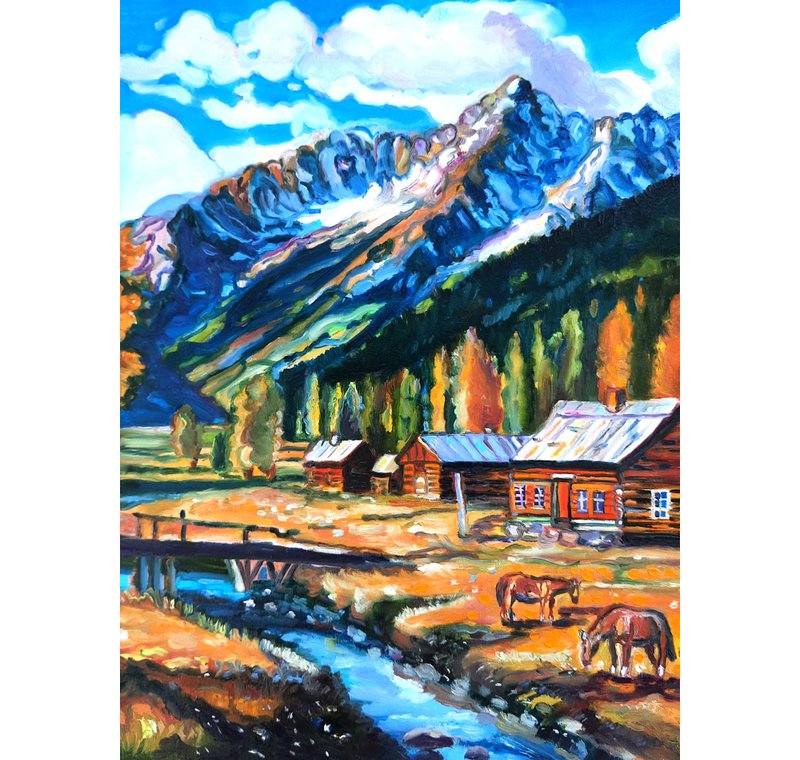 Mountains  Painting  Original Art  Altai Artwork  Oil Painting   Oil On Canvas - 壁貼/牆壁裝飾 - 其他材質 藍色