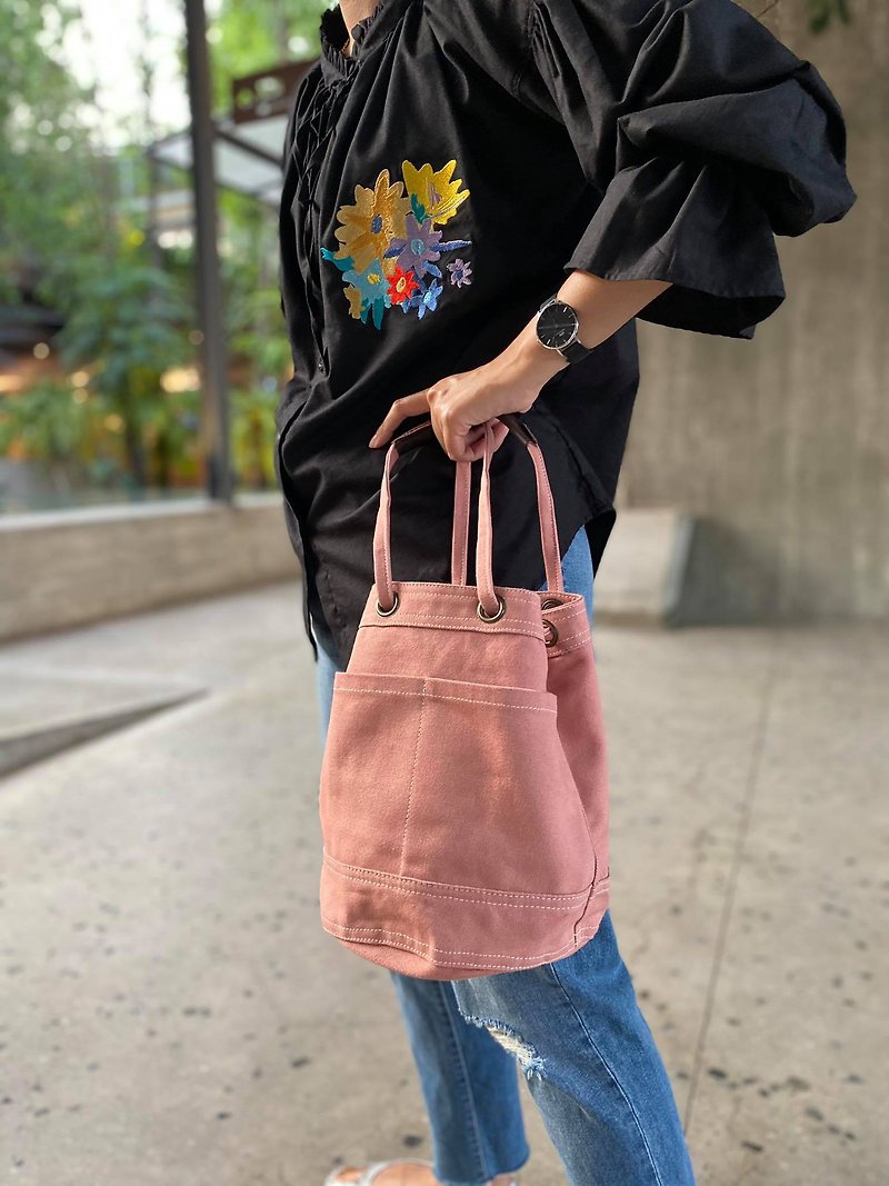 棉．麻 手提包/手提袋 粉紅色 - Mini Pink Canvas Bucket Bag with strap /Leather Handles /Daily use