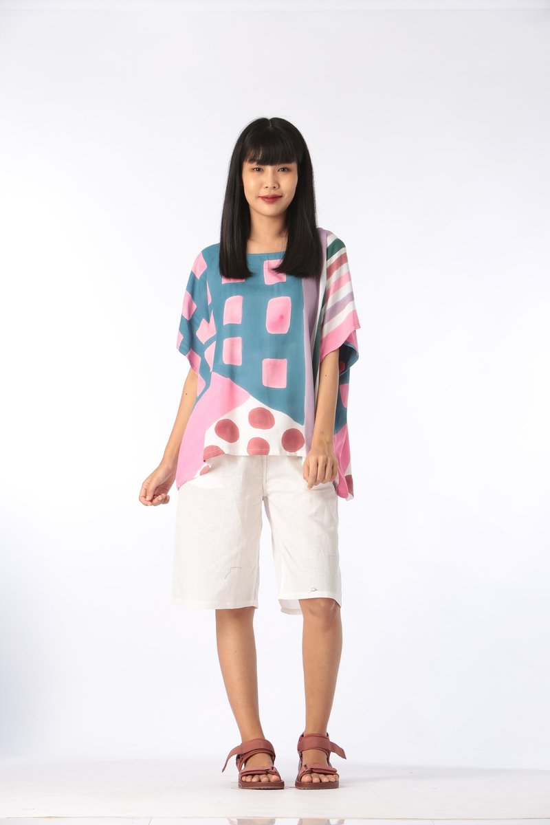Abstract Cotton Rayon Kimono Blouse For Summer Beach Vacatio - 女上衣/長袖上衣 - 棉．麻 粉紅色