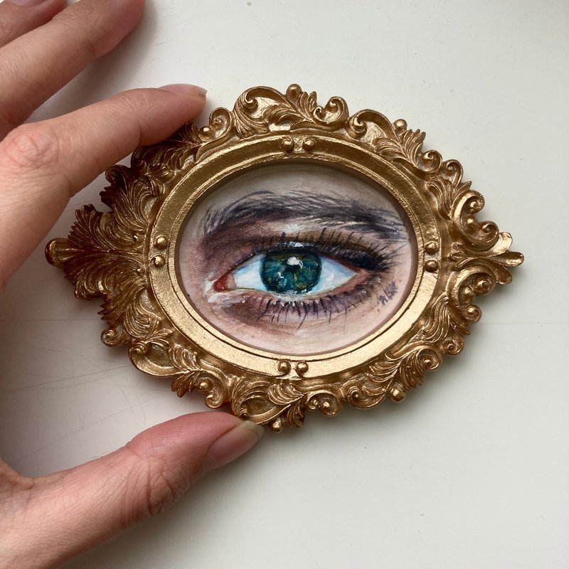 Eye Painting Original Small Framed Art Miniature Painting Eye Study Gold Frame - 壁貼/牆壁裝飾 - 紙 藍色
