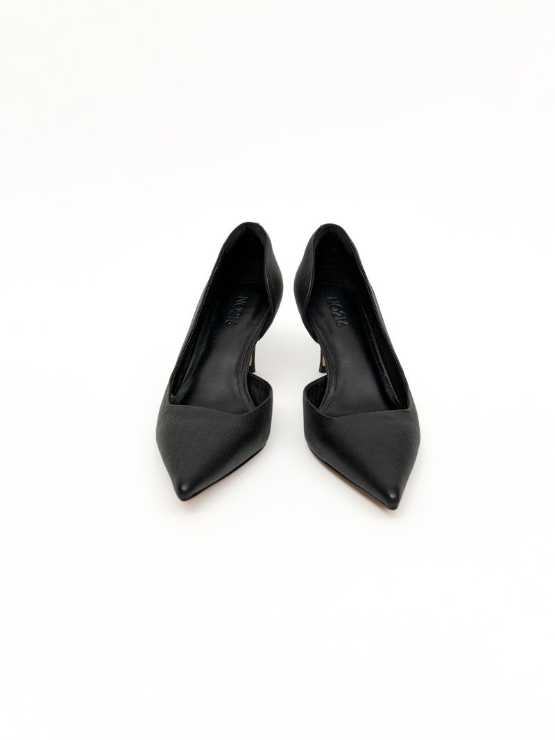 Elegant Diagonal Cutout - Pointed Stiletto Shoes - Black Embossed Color - รองเท้าส้นสูง - หนังแท้ สีดำ