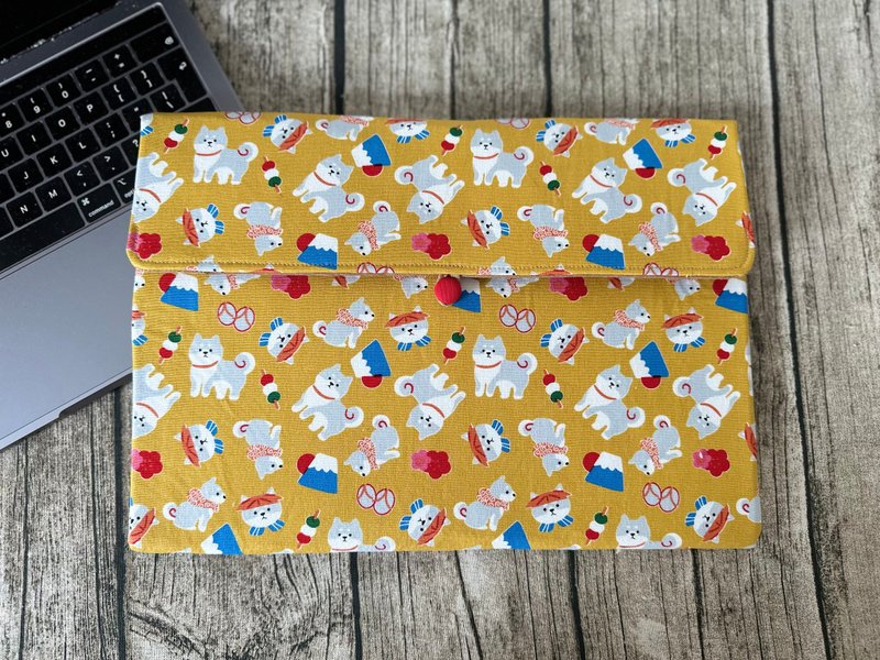 Japanese Shiba Laptop Sleeve with internal pocket, various size options - Laptop Bags - Cotton & Hemp Yellow