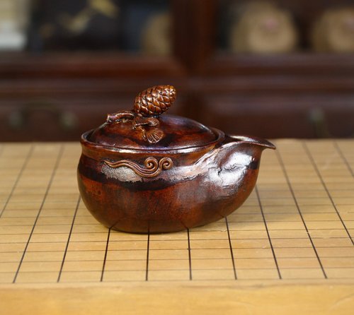 東仙鶴漆器藝術 大漆松果寶瓶 純手工茶壺日式手抓壺泡瓶蓋碗